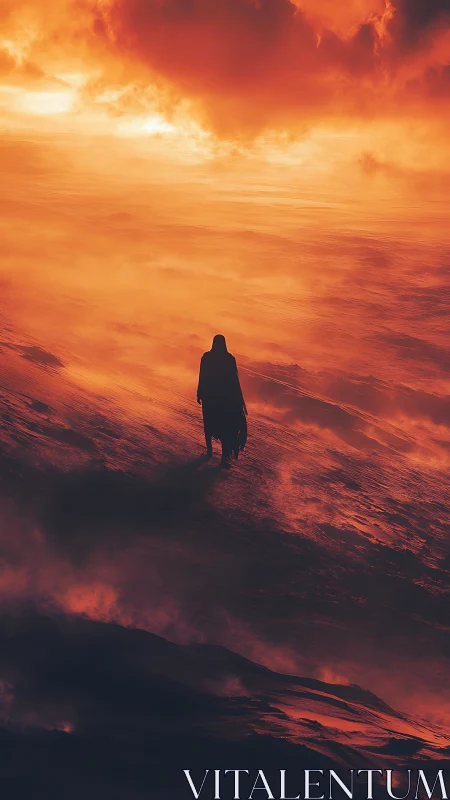 Lone cloaked wanderer crosses burning dusk sandstorm plain.