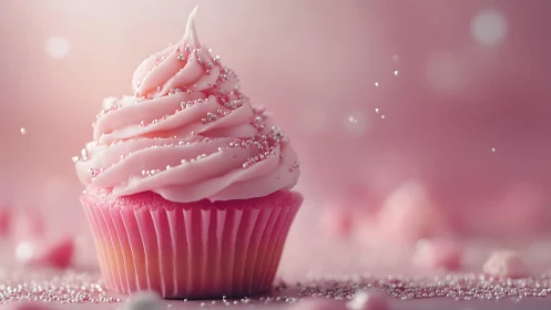 Pink Cupcake with Pearl Frosting in Soft Ambient Light