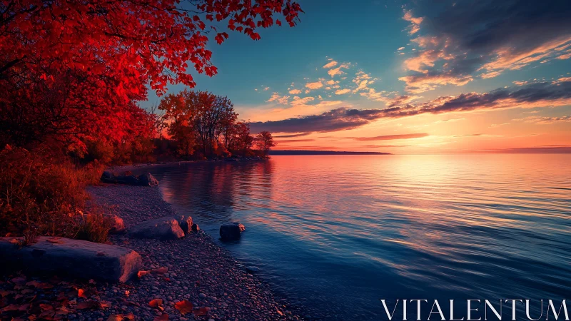 Fiery autumn shoreline reflects vivid sunset over calm lake