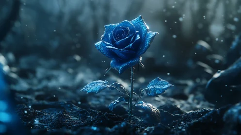 Cryogenic blue rose macro under cinematic volumetric bokeh.