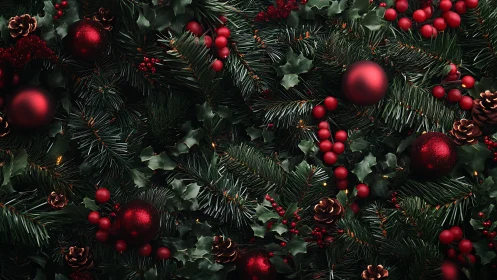 Christmas foliage arrangement shows ornaments and berries