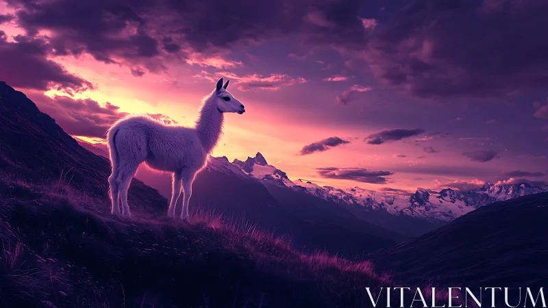 Llama soaking in violet sunset light on dreamy peaks.