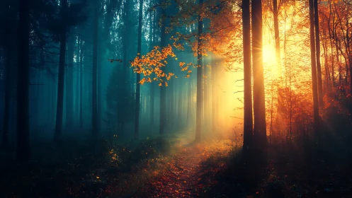 Autumn Forest Path with Contrast Light and Shadow.