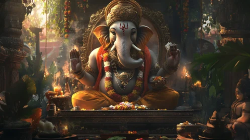 Sacred Ganesha altar glows with incense, flowers, and flame.