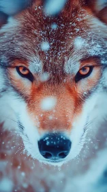 Close frontal view records snow-dusted canid face in detail