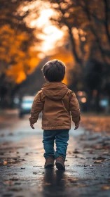 Child Walking Alone in Autumn Street at Golden Hour