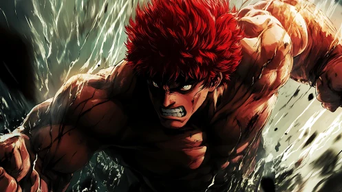 Furious red‑haired warrior charges forward through chaos