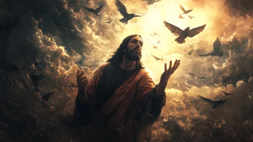 Messianic figure stands beneath radiant sky filled with birds