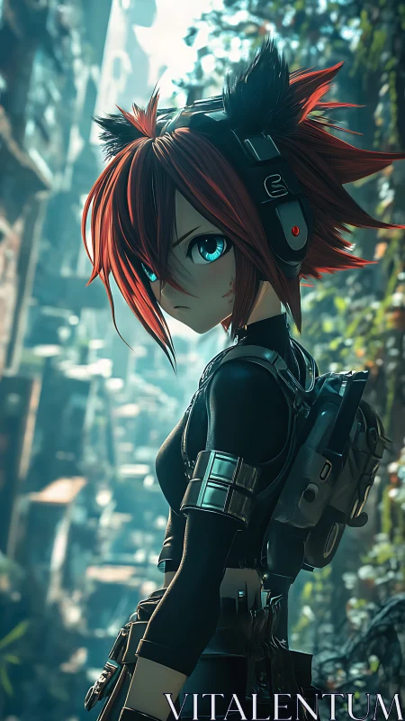 Cyberpunk cat-eared scout surveys overgrown ruined city