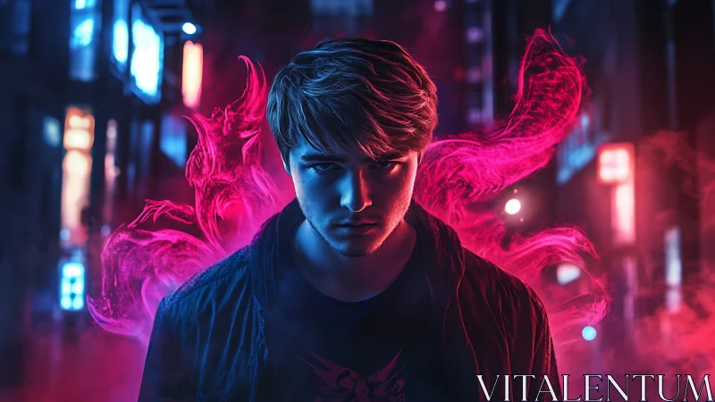 Midnight city walker wrapped in neon-pink mystery glow.