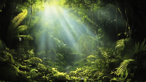 Sunlit Jungle Canopy with Dense Tropical Vegetation.