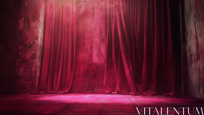 Velvet red stage curtains glowing in quiet anticipation.