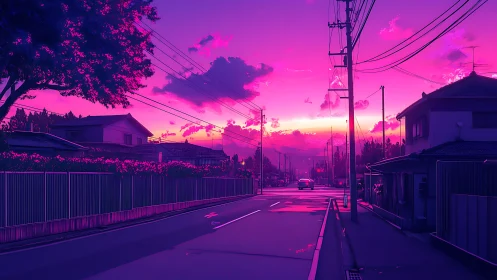 Suburban street under magenta sunset sky with power lines.