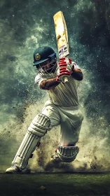 Cricket batsman drives through dust in dynamic digital render.