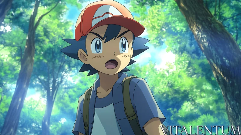 Anime boy with cap stands in sunlit forest, strong depth cues
