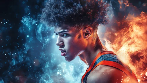 Dual-element athlete portrait with fire and ice energy