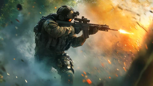 Tactical operator advances through cinematic battlefield fire.