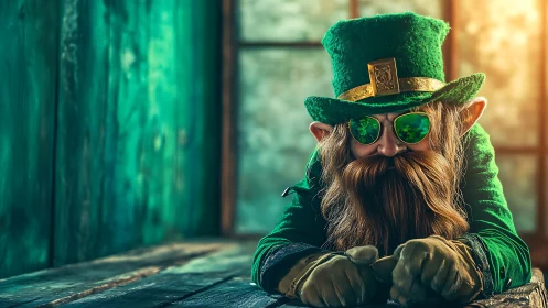 Leprechaun portrait in emerald studio lighting and bokeh glow.