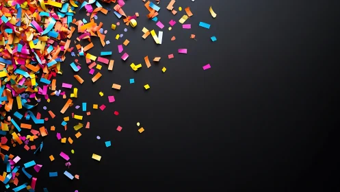 Color confetti bursts across deep matte black background.