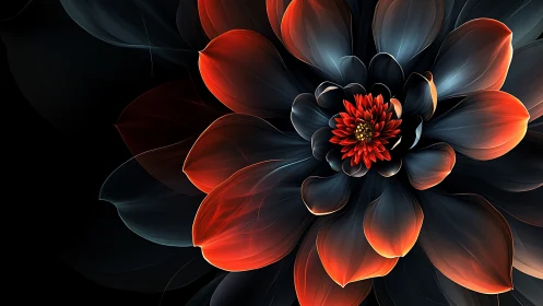 Luminous black and orange abstract flower radiates from center