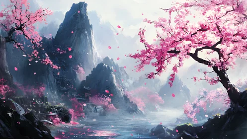 Serene cherry blossom valley rendered as atmospheric digital landscape