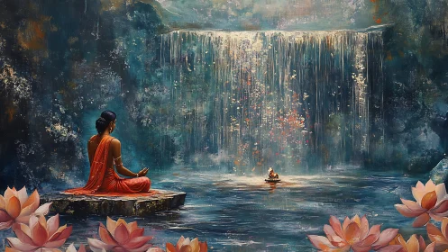 Meditating woman by waterfall with lotus flowers and candles.