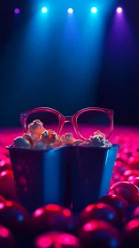 Popcorn wears pink glasses and waits under neon stage lights