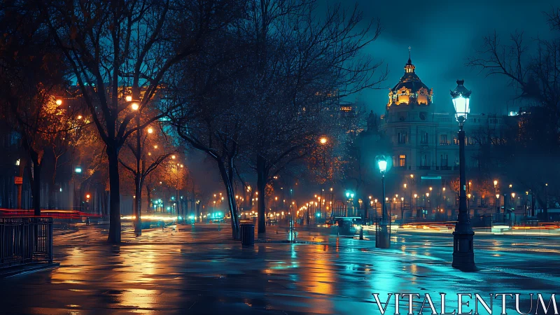 Midnight boulevard after rain, where neon puddles quietly listen.