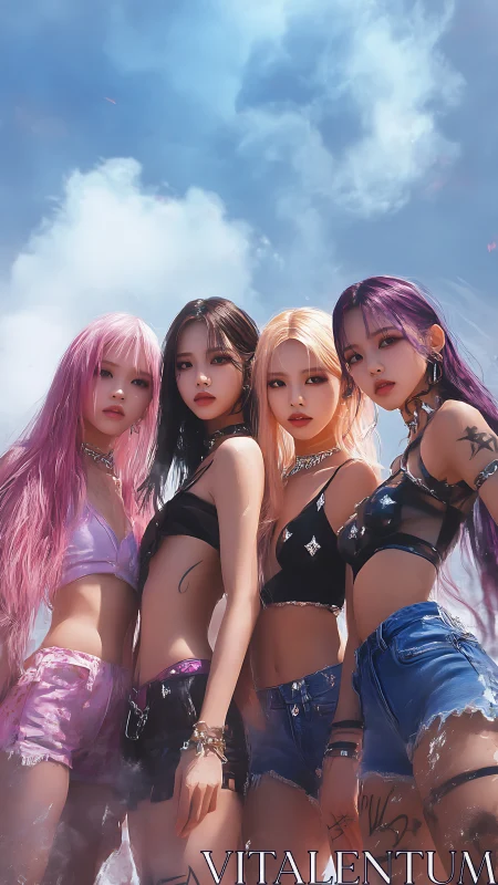 Summer sky sisterhood in neon hair and bold street style.