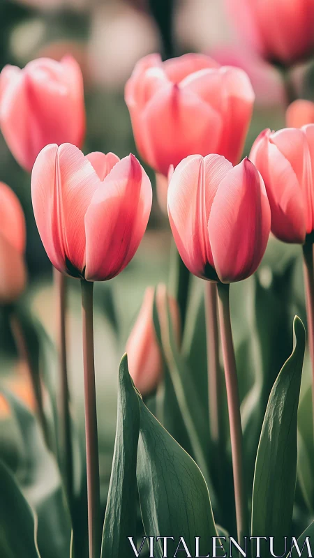 Pink Tulips in Soft Light. Garden Spring Blooms.