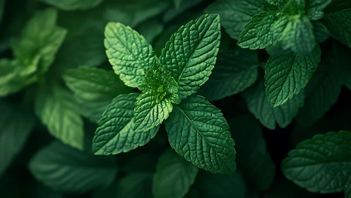 Close-up view of green mint leaves with textured surfaces.