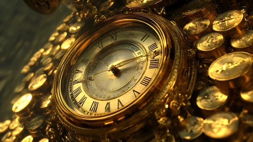 Gilded timepiece dreaming amid cascades of molten coins.