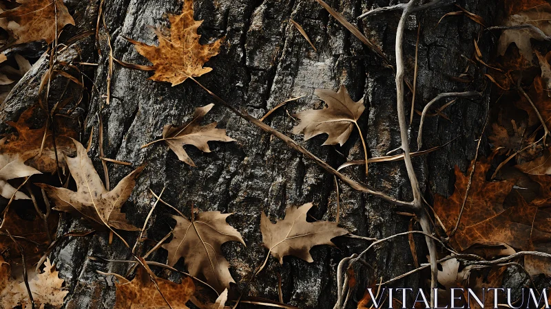 Whispering oak leaves drifting over rugged autumn bark.