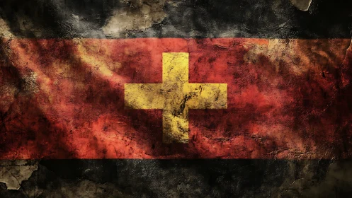 Weathered cross banner glowing through scorched darkness.