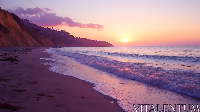 Low-angle coastal sunset with pink surf gradients and cliffs