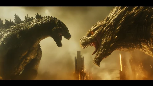 Two giant reptilian monsters confront each other over burning city