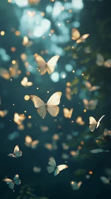 Soft glowing butterflies in dark teal forest background.