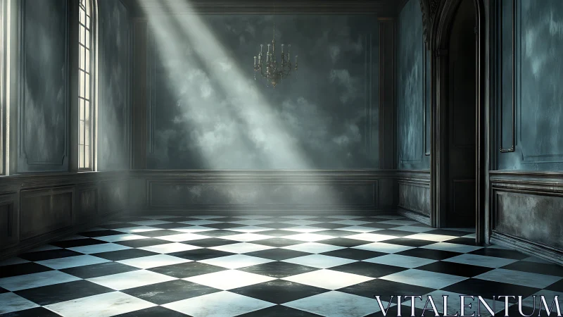 Volumetric light penetrates a neoclassical hall with tiled floor
