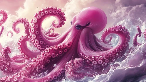Bubblegum tide: playful pink octopus in rolling waves.