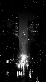 Noir city avenue captures snowlit traffic and high-rise glow