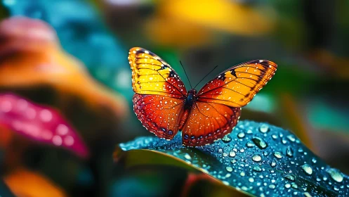 Raindrop kissed orange butterfly rests on a jeweled leaf