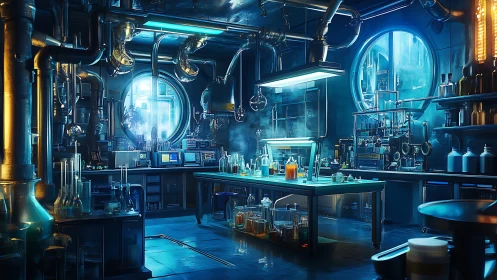 Futuristic blue laboratory glows with tubes, tanks, and glassware.