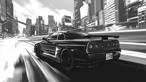 Black sports car accelerates through high rise city streets