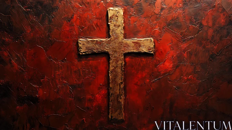 Textured golden cross on impasto red background with heavy relief