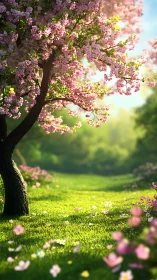 Spring blossom tree bends over sunlit meadow clearing