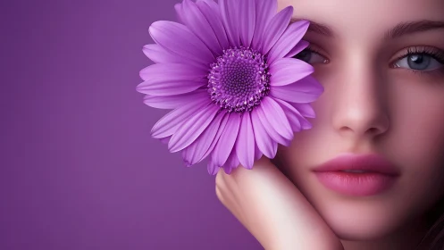Violet daisy portrait framing serene feminine face.