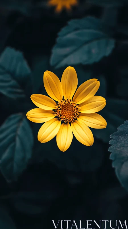 Golden Flower Blooms Against Dark Foliage Background.