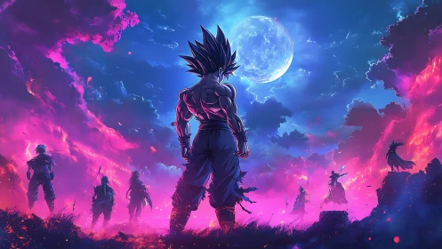 Moonlit Saiyan vanguard under neon storm skies.