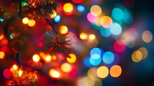 Holiday tree lights glow against deep festive bokeh field.