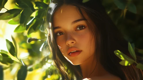Sunlit portrait shows serene young woman amid foliage